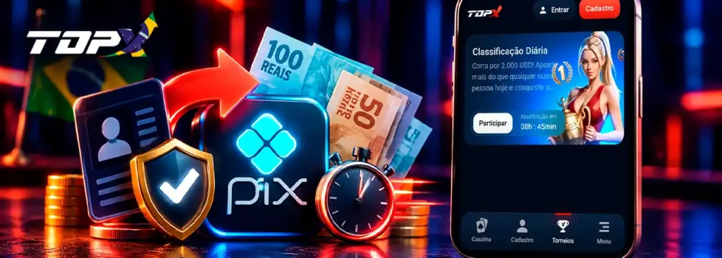 Saque da TopX com verificação de conta, escudo de segurança e símbolo Pix.