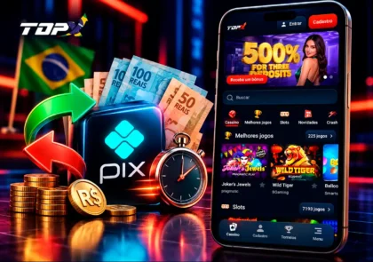 TopX no celular com Pix, transferências, reais e foco em operações rápidas.