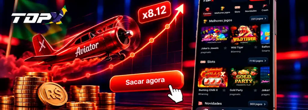 Aviator na TopX com avião, gráfico de subida e destaque para jogo crash.