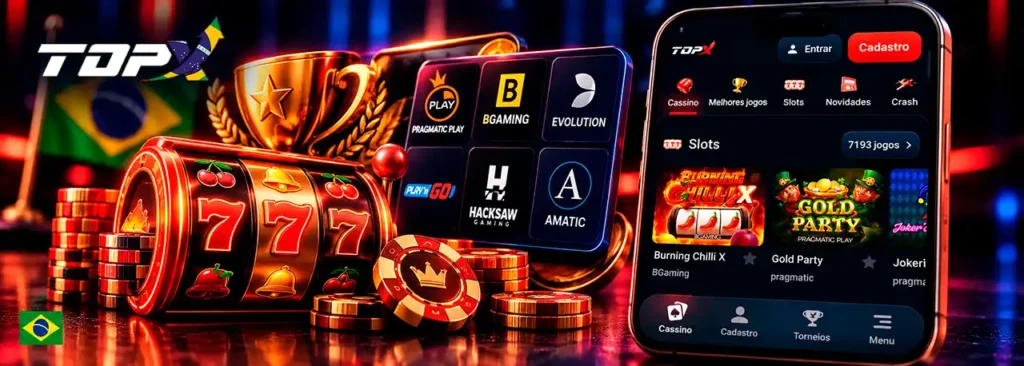 Slots da TopX no celular com rolo, fichas e destaque para provedores.